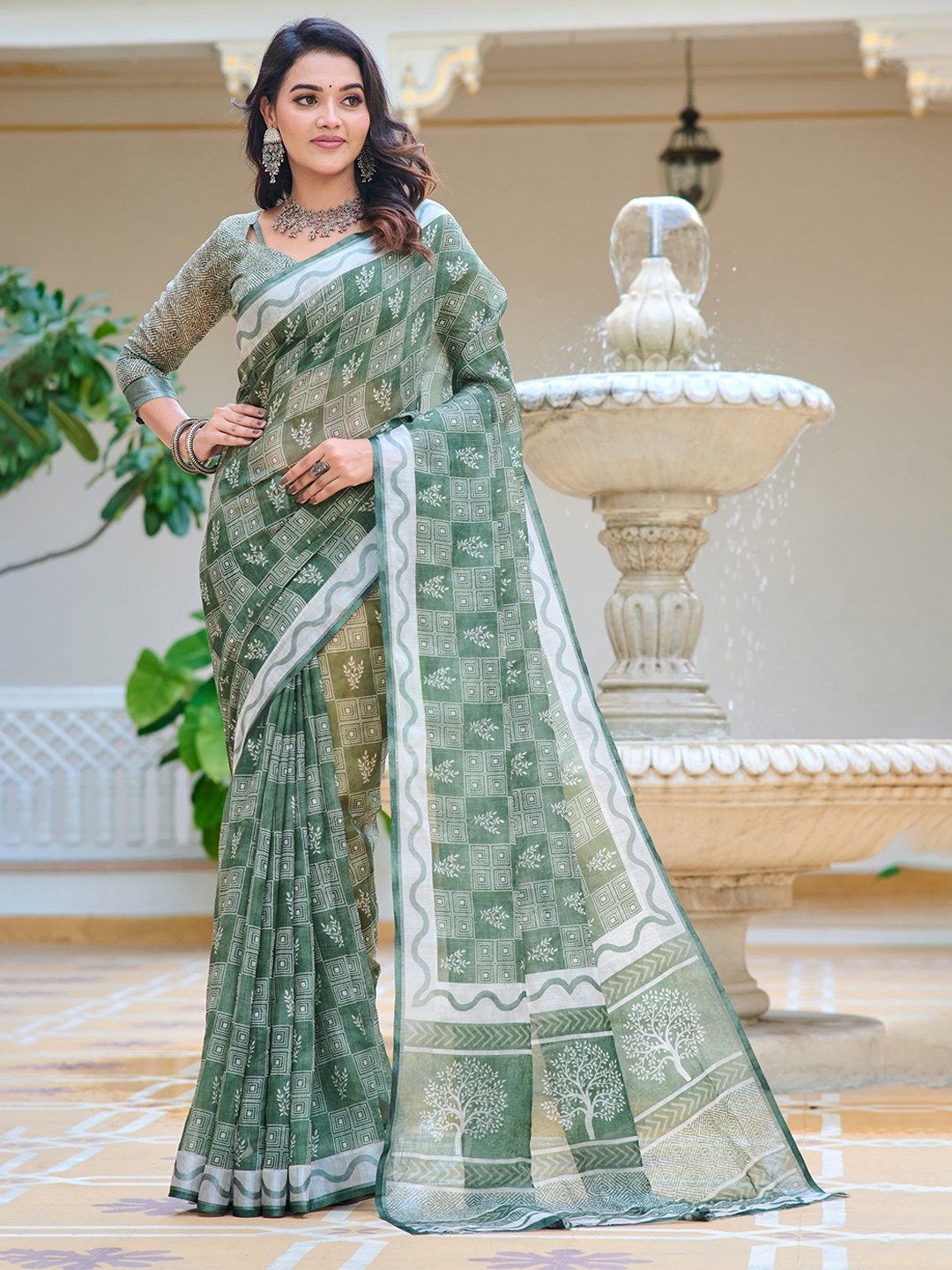 

Kalista Printed Zari Pure Cotton Saree, Green