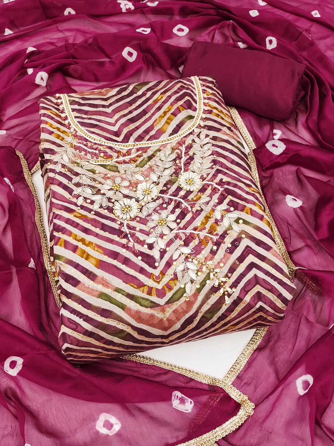 

SHADOW & SAINING Chevron Printed Beads and Stones Pure Silk Unstitched Dress Material, Magenta