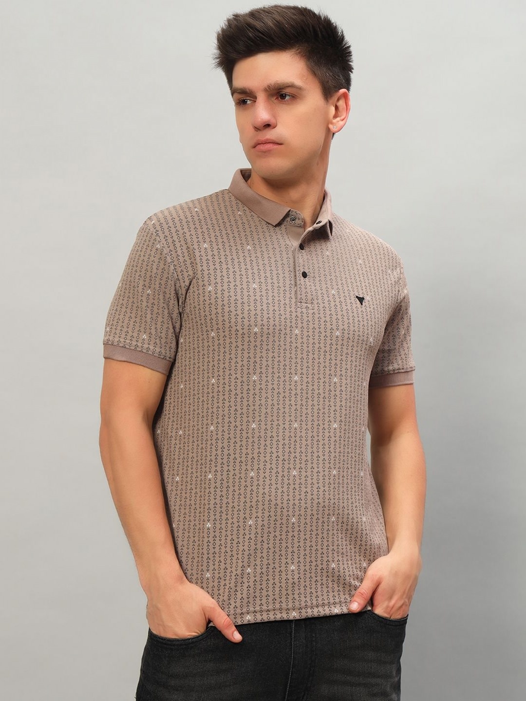 

PROFY Men Geometric Printed Polo Collar Cotton T-shirt, Beige