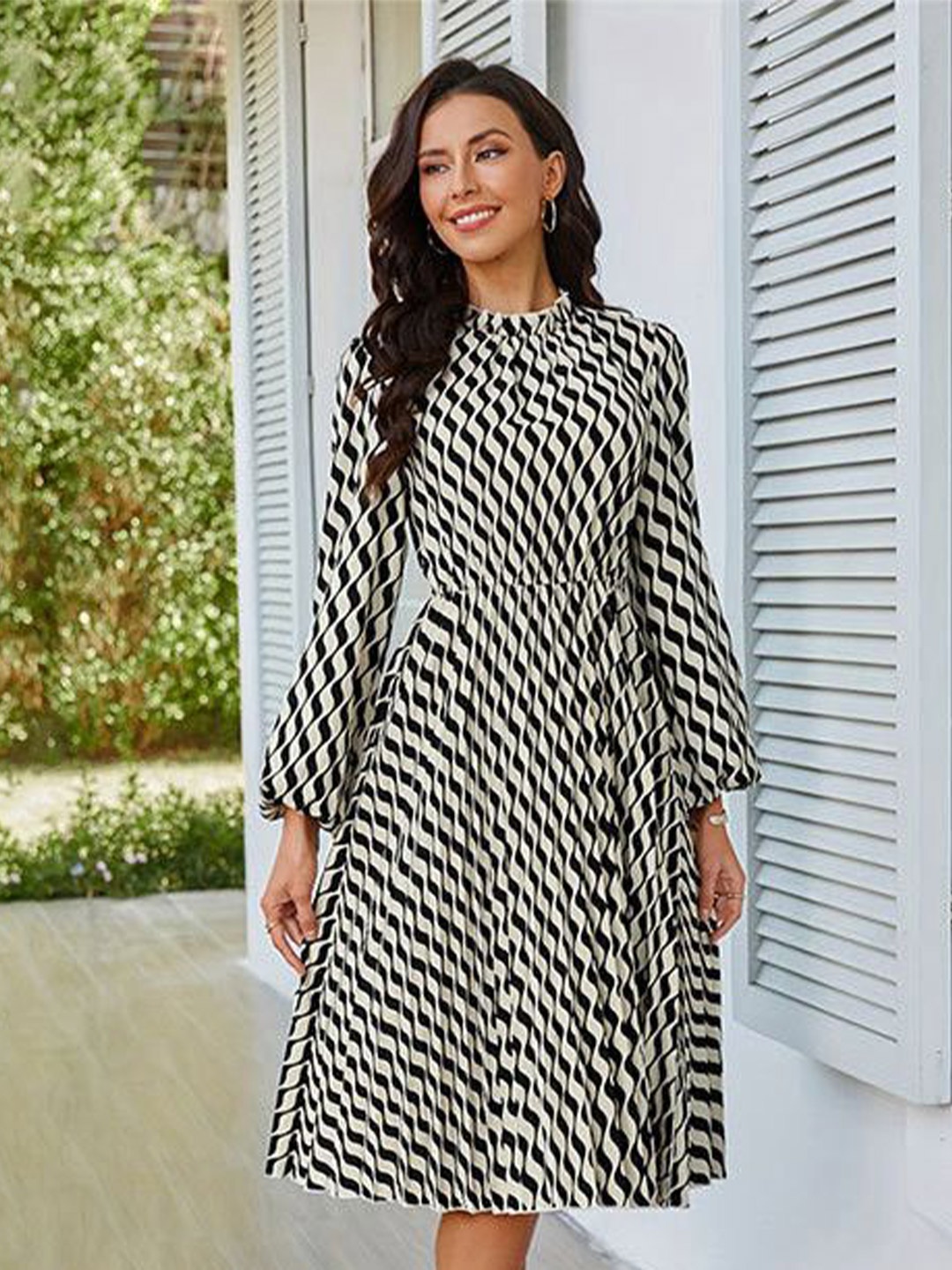 

all about you Women Geometric Printed A-Line Bishop Sleeve Midi Dress, White
