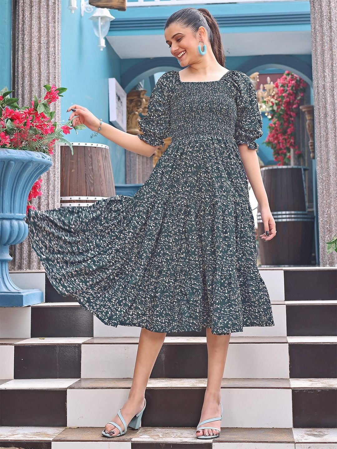 

BAESD Women Floral Printed Ruffled Fit & Flare Dress, Teal