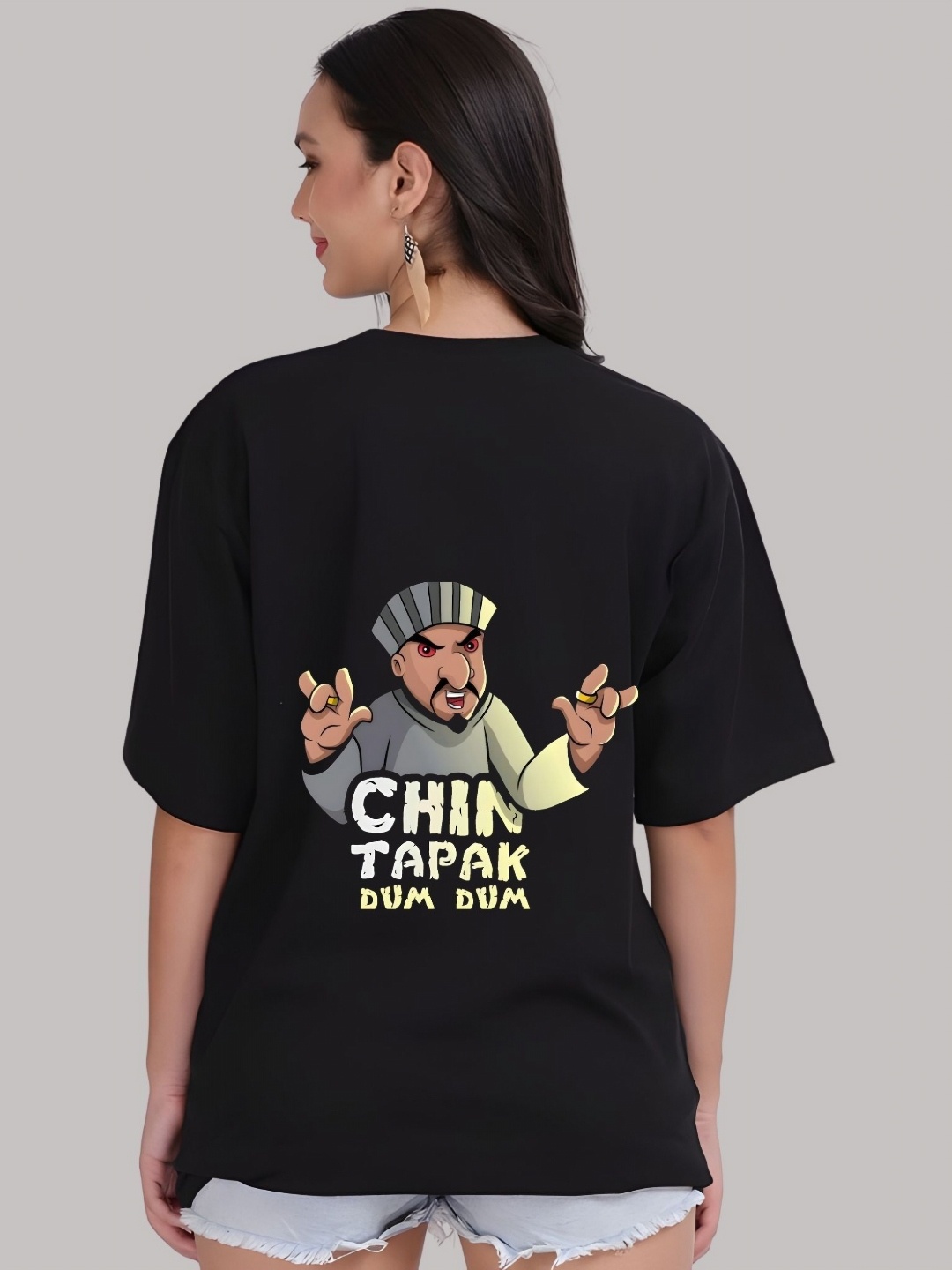 

SZN Women Chhota Bheem Graphic Printed Round Neck Cotton Oversized T-shirt, Black