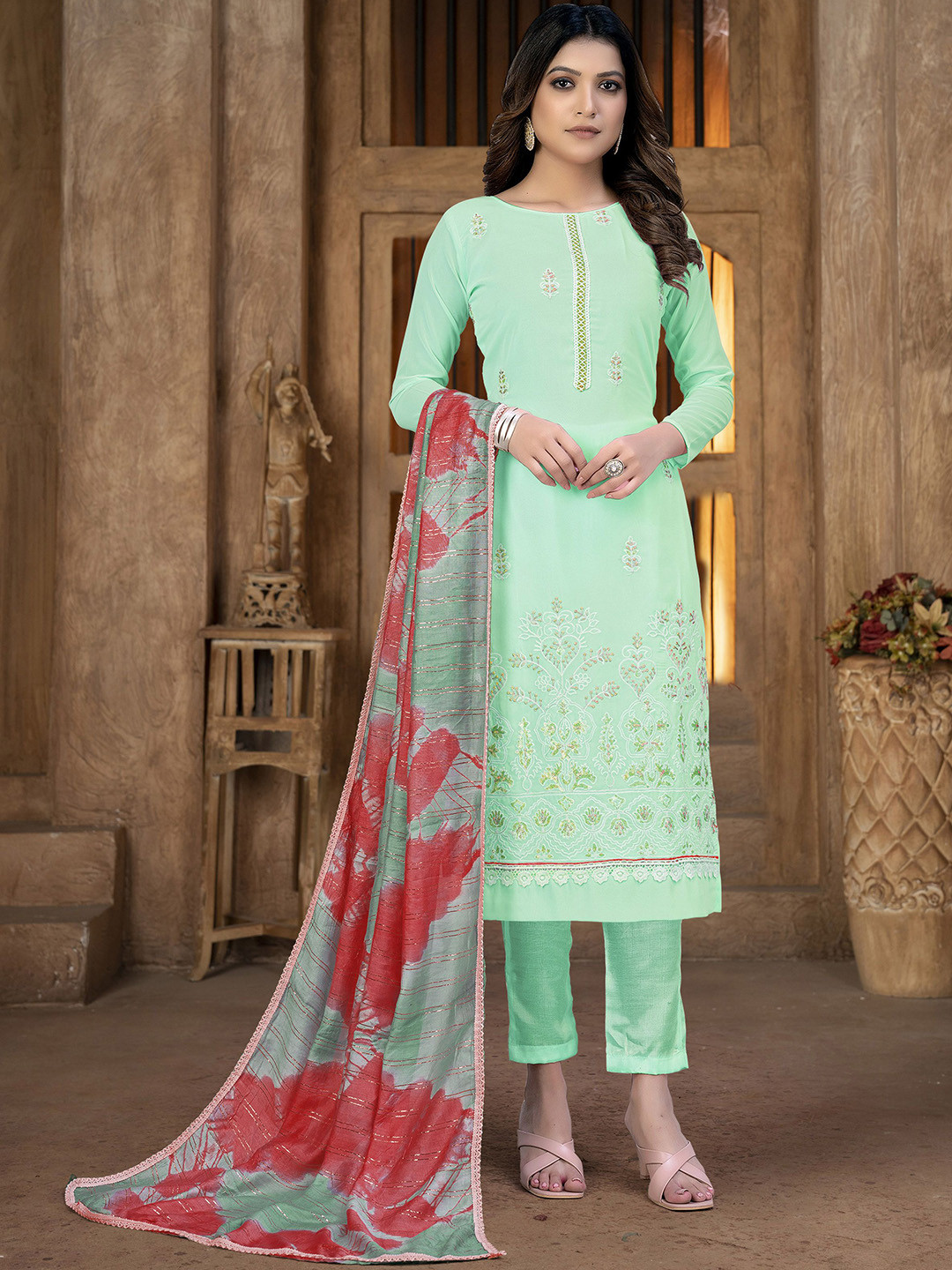

SHADOW & SAINING Floral Printed Silk Georgette Unstitched Dress Material, Sea green