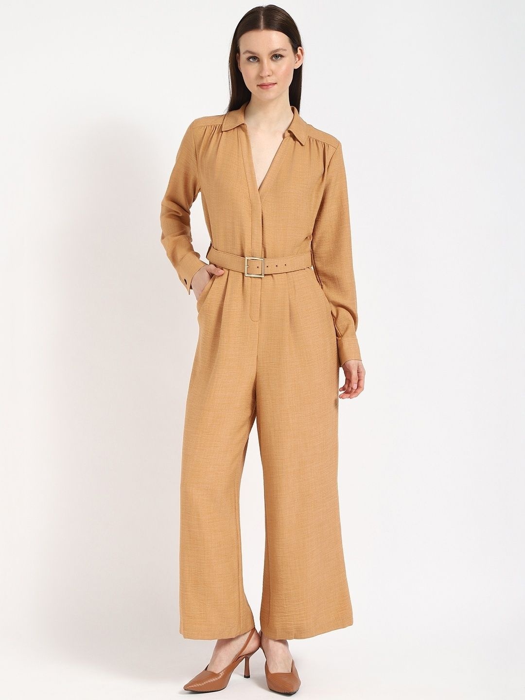 

Calvin Klein Jeans Women Shirt Collar Cuffed Sleeves Basic Jumpsuit Comes With Belt, Beige