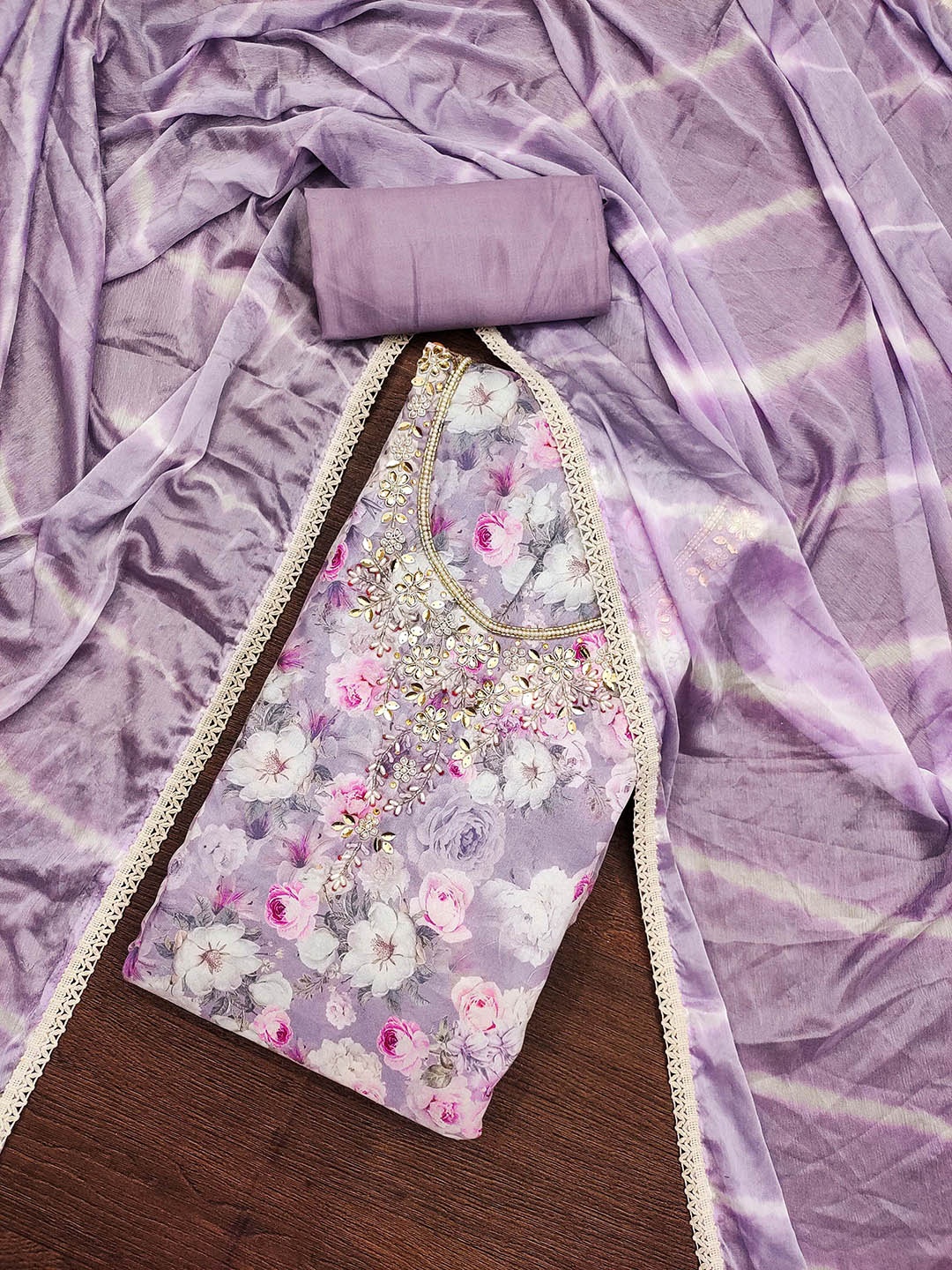 

SHADOW & SAINING Floral Embellished Beads and Stones Semi-Stitched Dress Material, Lavender