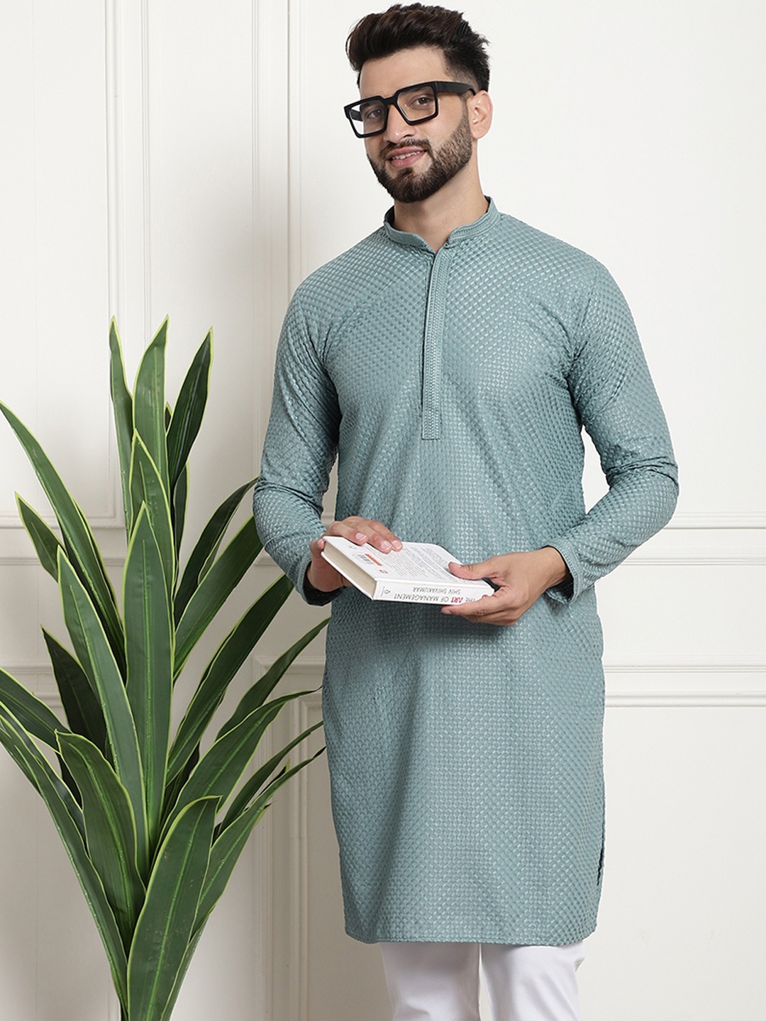 

SOJANYA Woven Design Mandarin Collar Straight Cotton Kurta, Sea green