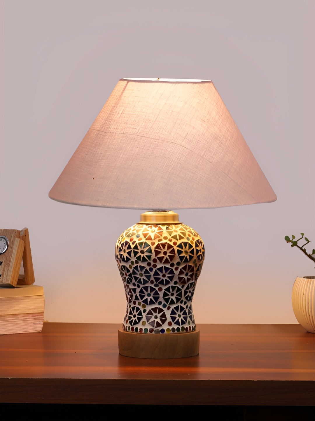 

Devansh Grey & White Textured Wooden Frustum Shaped Table Lamp With Mosaic Glass Base