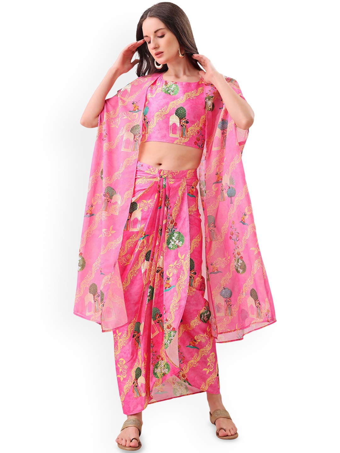 

FAB GALAXY Printed Sleeveless Top With Skirt & Shrug, Pink