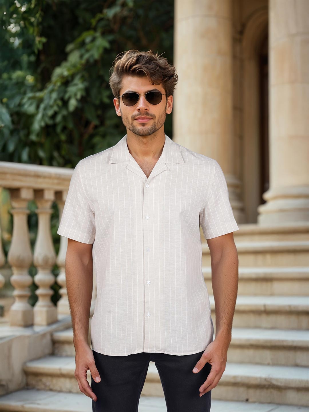 

Celio Men Regular Fit Cuban Collar Vertical Striped Linen Casual Shirt, Beige