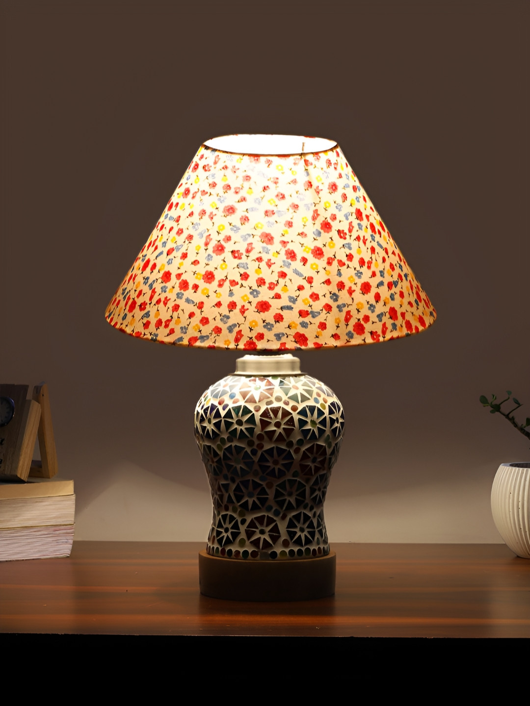 

Devansh White & Blue Floral Printed Frustum Shaped Wooden Table Lamp