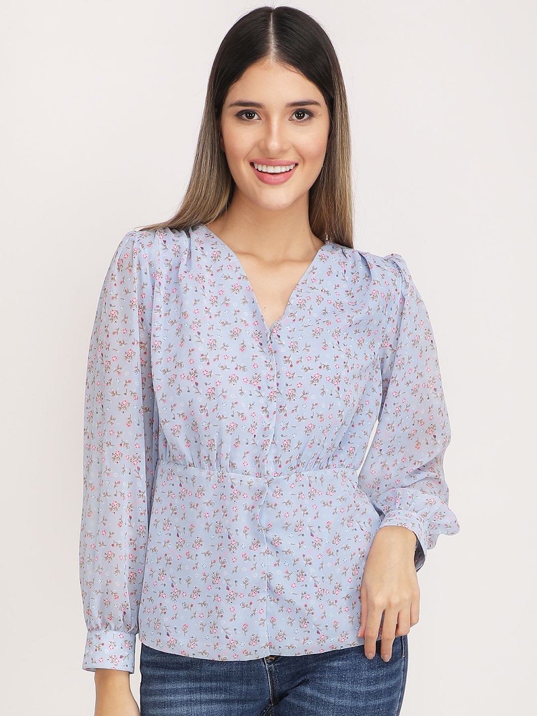 

JAKANARY Women Floral Printed Georgette Top, Blue