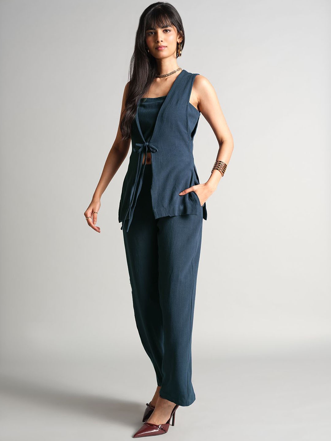 

AND Shoulder Straps Top & Trouser With Tie Up-Detail Jacket, Navy blue