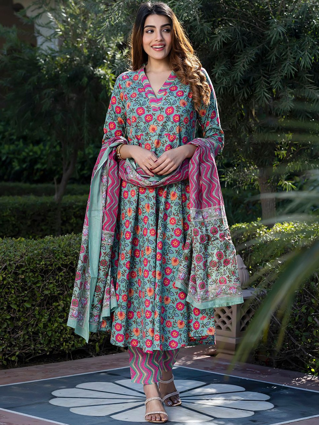 

KALINI Floral Printed V-Neck Pure Cotton Anarkali Kurta With Trouser And Dupatta, Green
