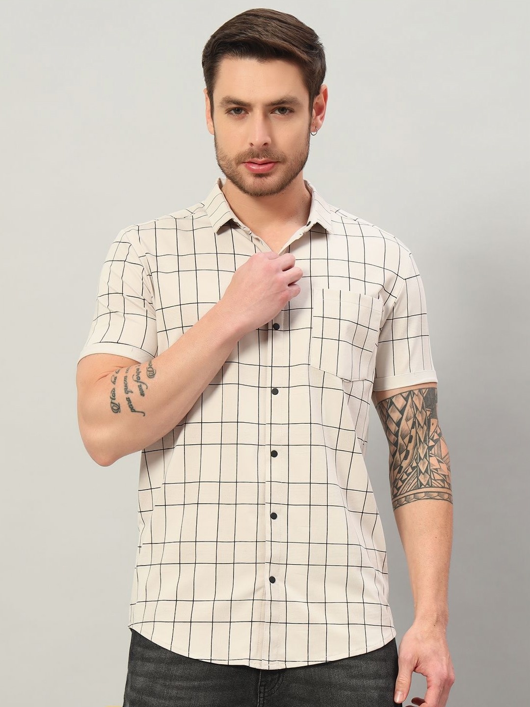 

PROFY Men Checked Cotton Slim Fit Casual Shirt, Off white