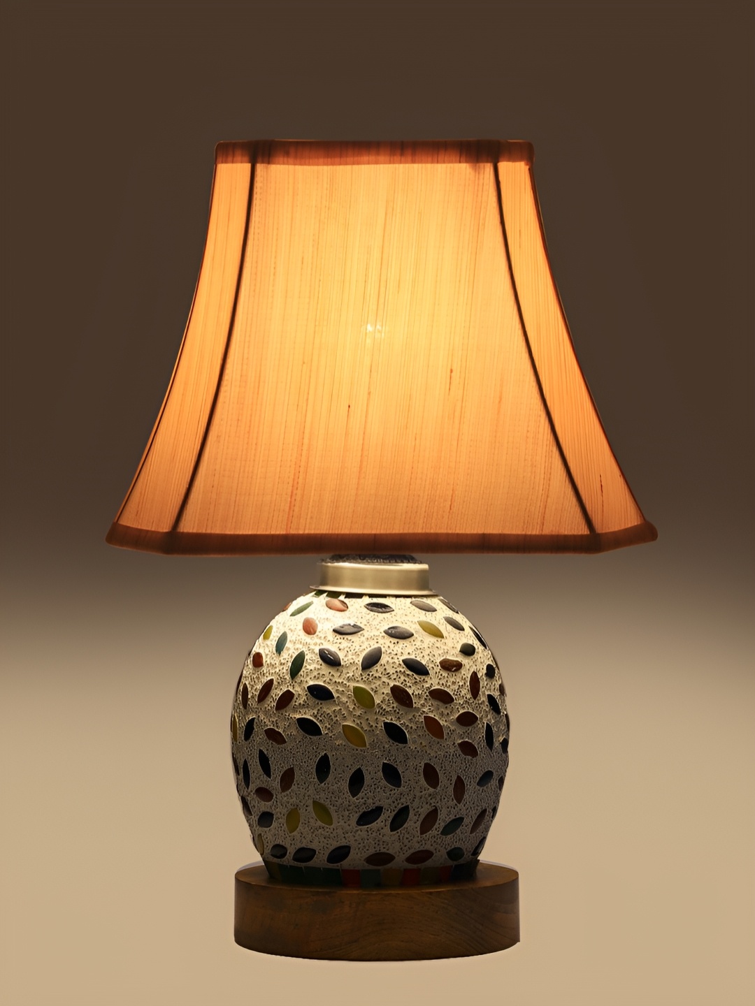 

Devansh Off White Textured Wooden Rectangular Shaped Table Lamp With Mosaic Glass Base