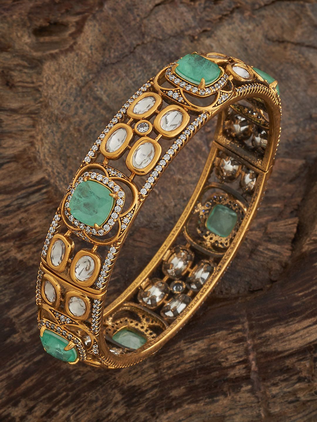 

Kushal's Fashion Jewellery Victorian-Plated Mint Green Kundan Studded Ethnic Bangle, Gold