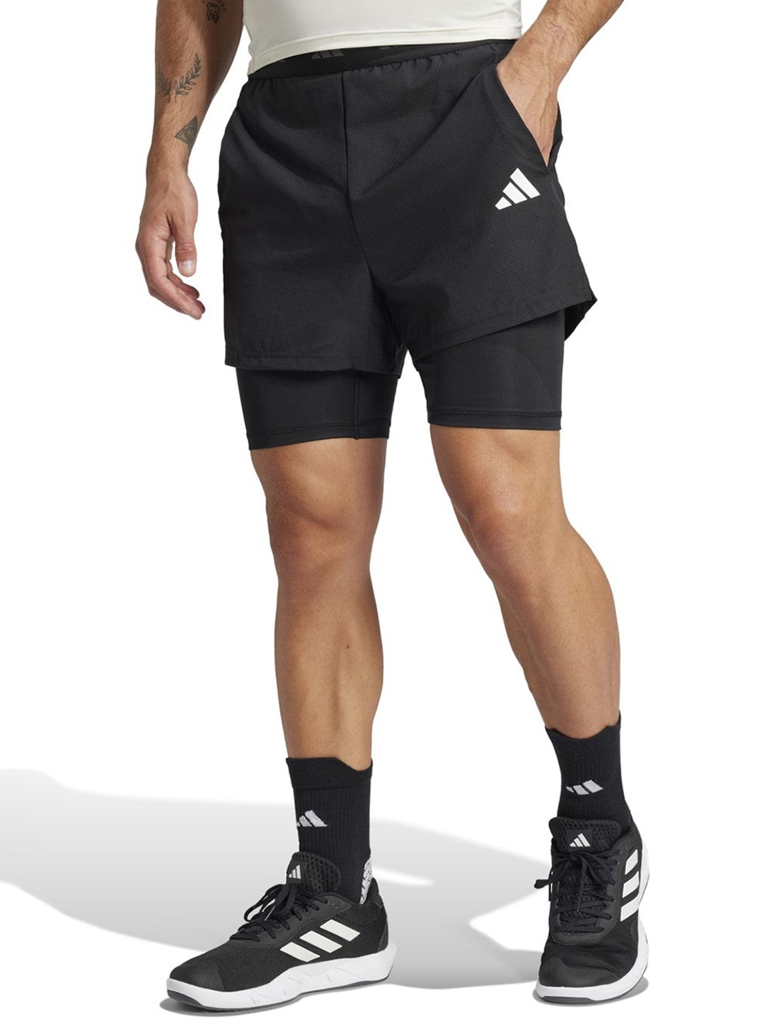 

ADIDAS Men Brand Logo Printed Slim Fit Gym + 2 In1 Shorts, Black