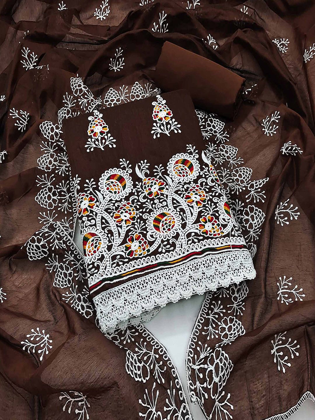 

Peachmode Floral Embroidered Thread Work Chanderi Cotton Unstitched Dress Material, Brown