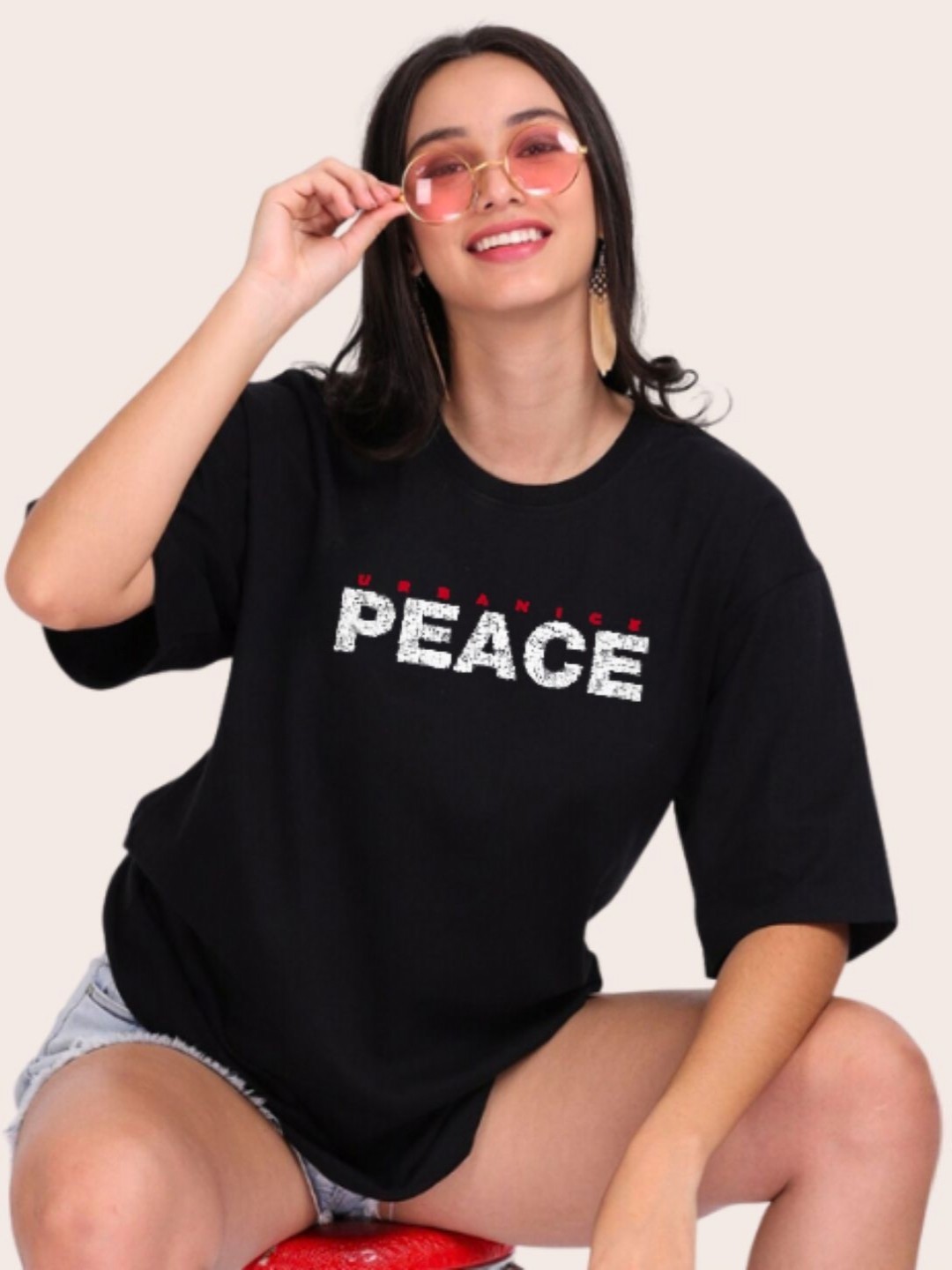 

URBANICE Typography Printed Drop-Shoulder Sleeves Cotton Oversized T-shirt, Black