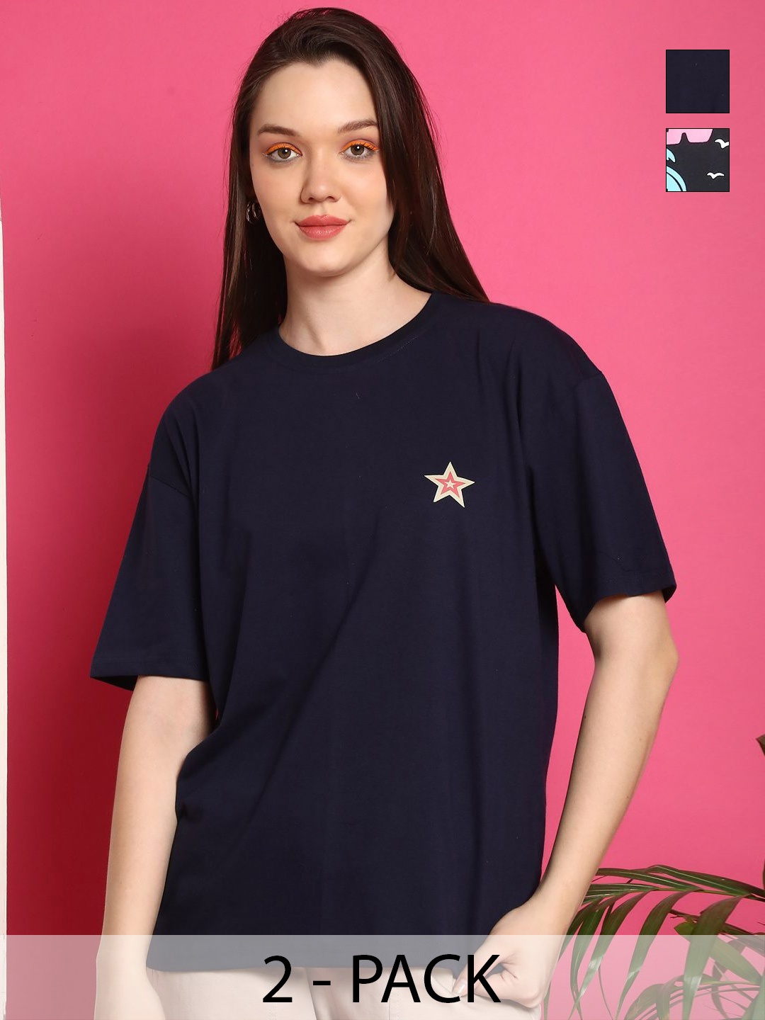 

Tromko Women Pack of 2 Graphic Printed Round Neck Cotton Oversized T-shirts, Black