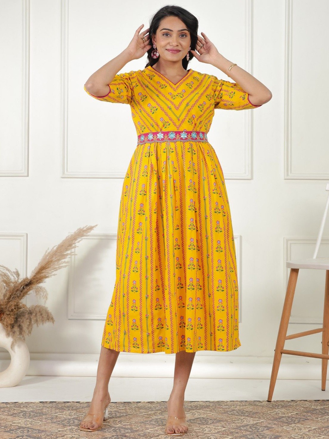 

Aramya Floral Printed Cotton A-Line Ethnic Dress, Yellow