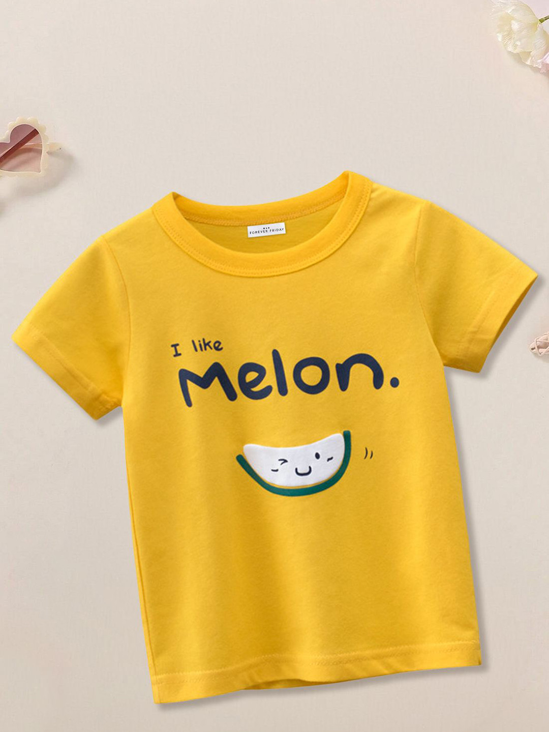 

FOREVER FRIDAY Girls Graphic Printed Round Neck Short Sleeves Pure Cotton T-shirt, Yellow