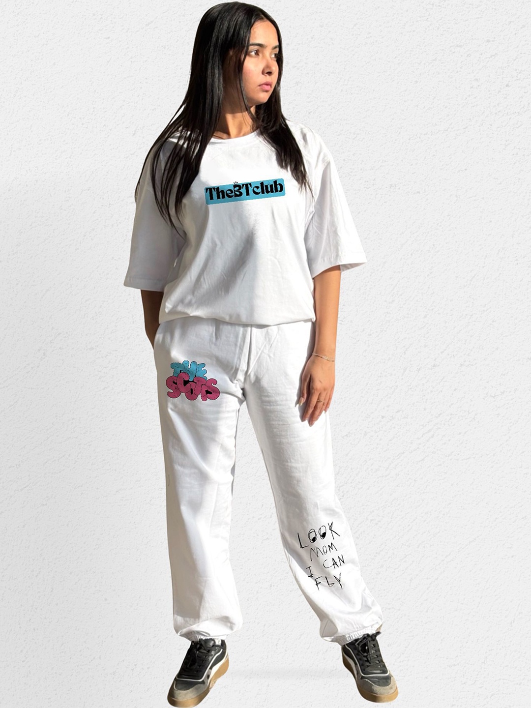 

TheBTclub Unisex Round Neck T-Shirt With Joggers Co-Ords, White