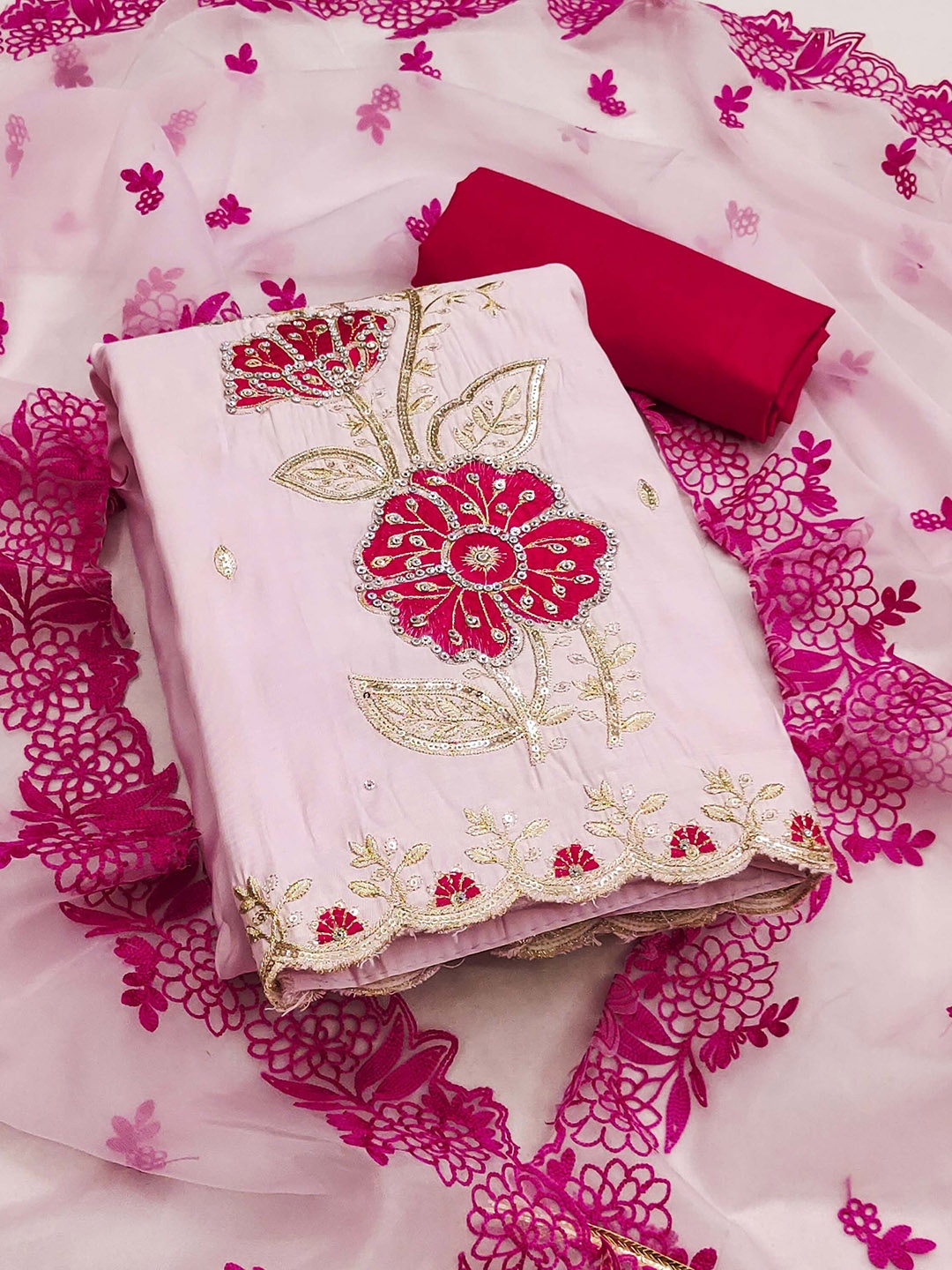 

SHADOW & SAINING Floral Embroidered Sequinned Roman Silk Unstitched Dress Material, Pink