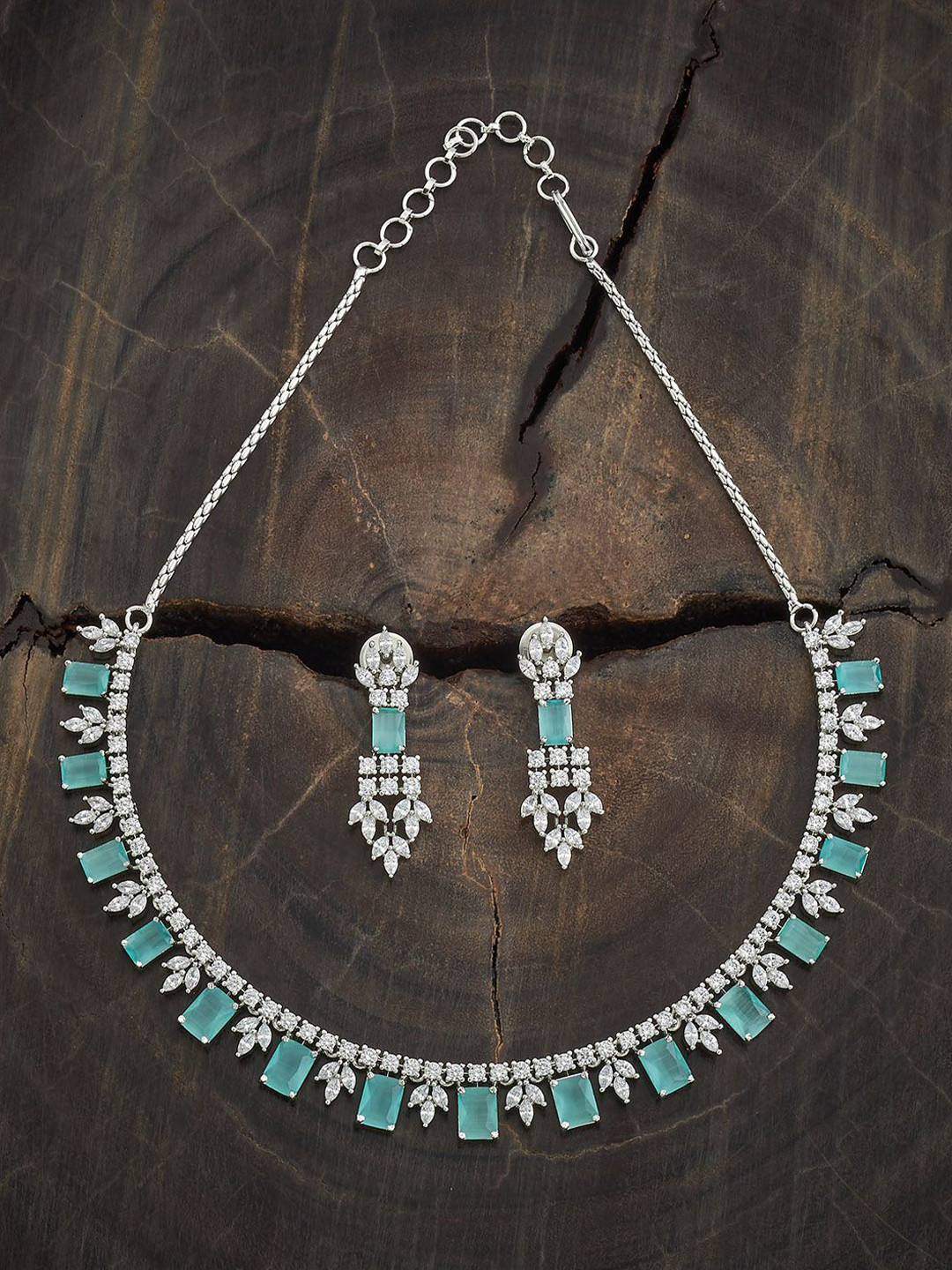 

Kushal's Fashion Jewellery Mint Rhodium-Plated Zircon Studded Party Jewellery Set, Silver