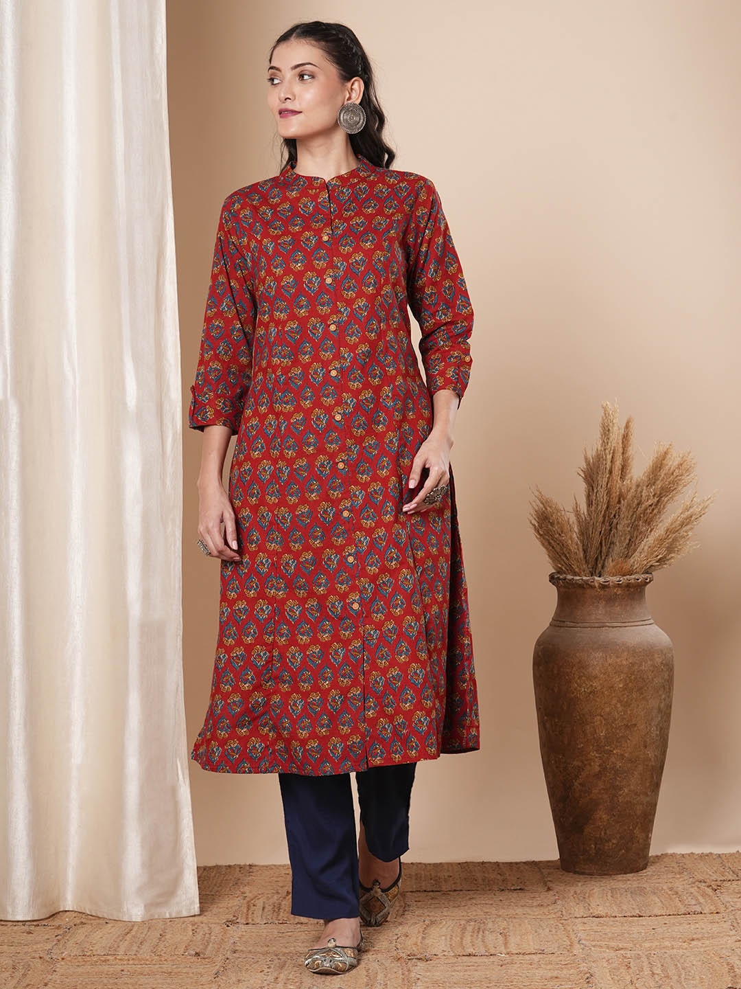 

FASHOR Ethnic Motifs Printed Mandarin Collar Pure Cotton A-Line Kurta, Rust
