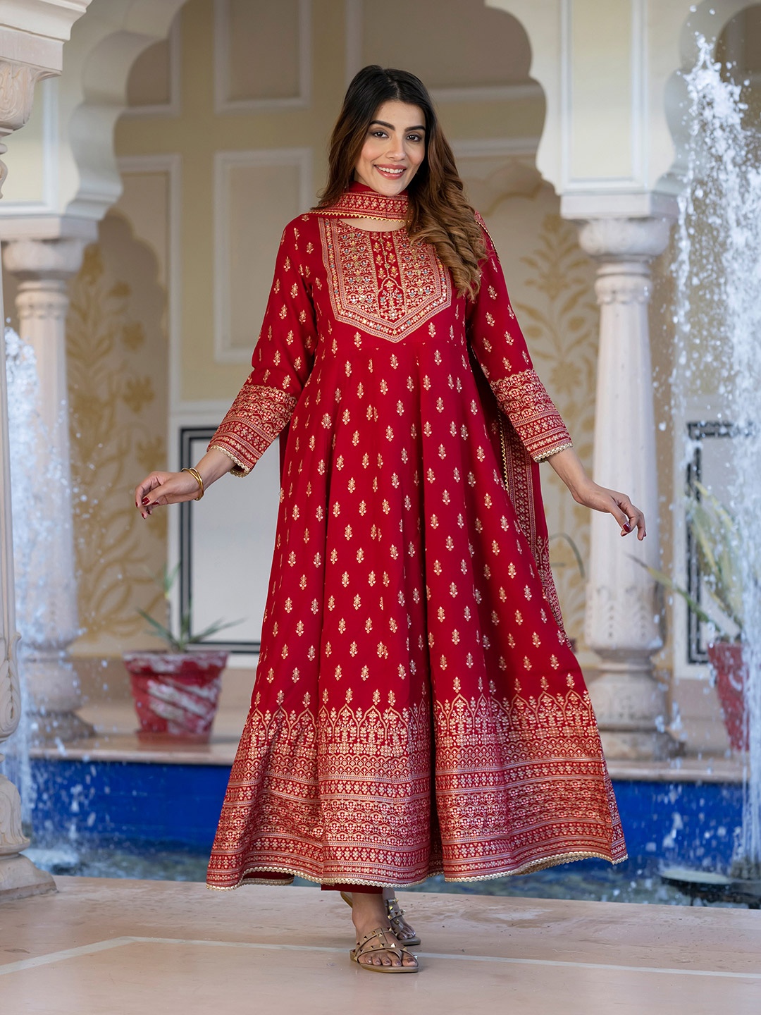 

KALINI Women Ethnic Motifs Embroidered Zari Anarkali Kurta with Trousers & Dupatta, Red