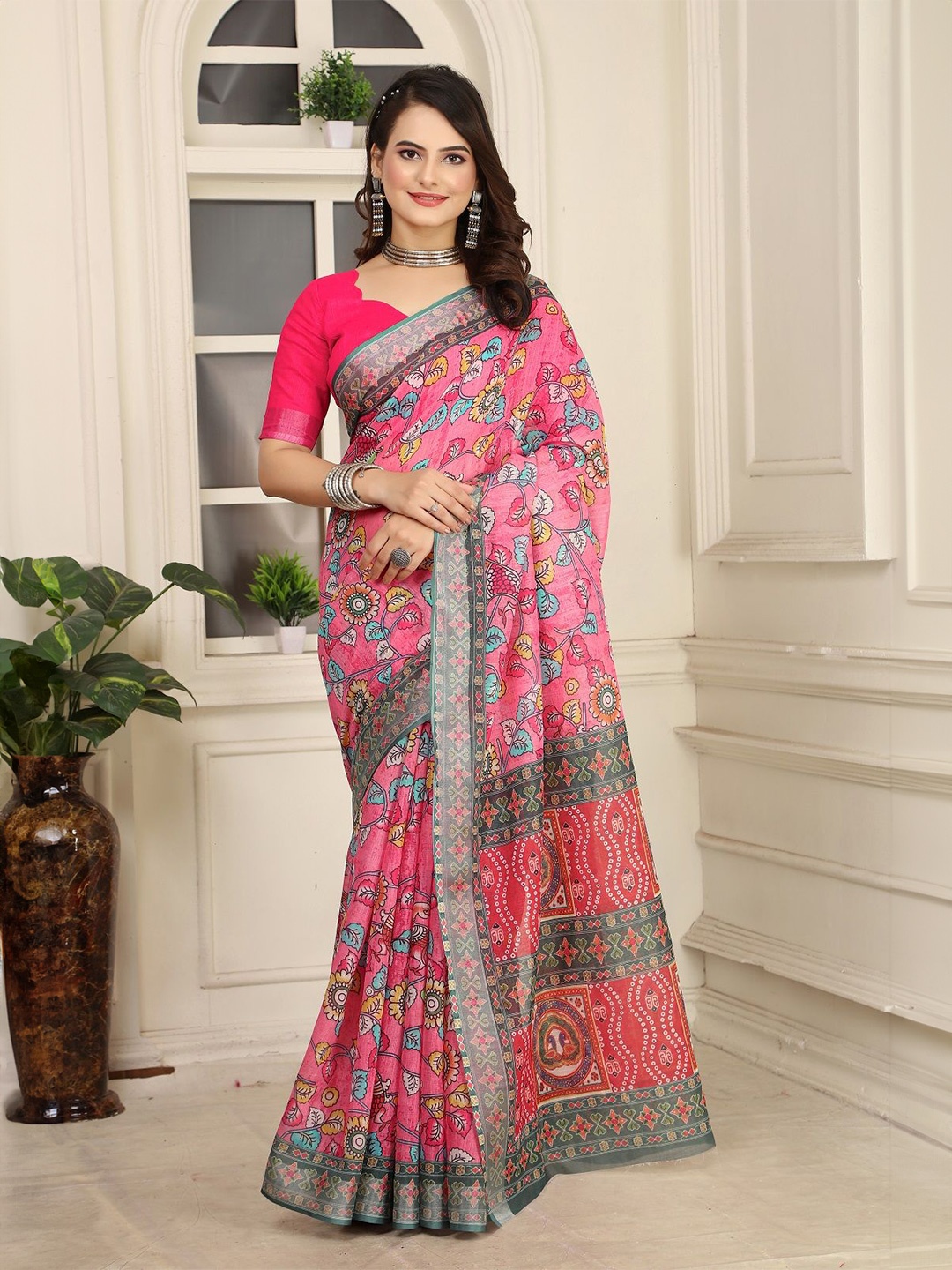 

ORUS Floral Printed Pure Cotton Saree, Pink