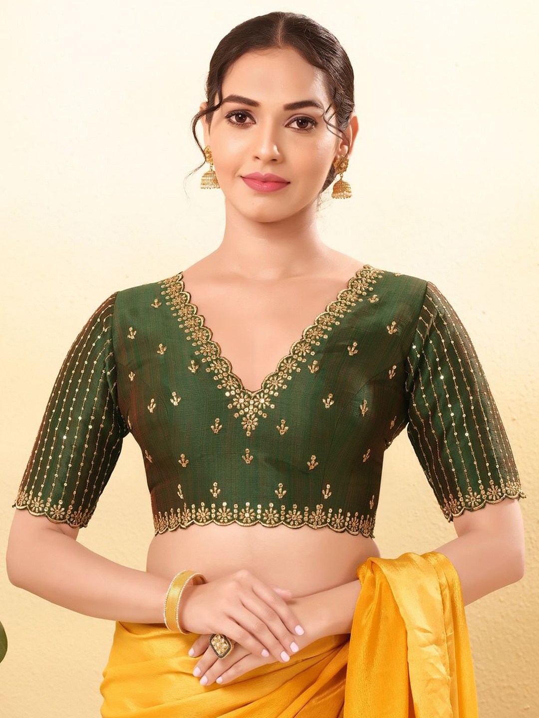 

VAMAS - THE DESIGNER BLOUSES Women V-Neck Padded Saree Blouse, Green