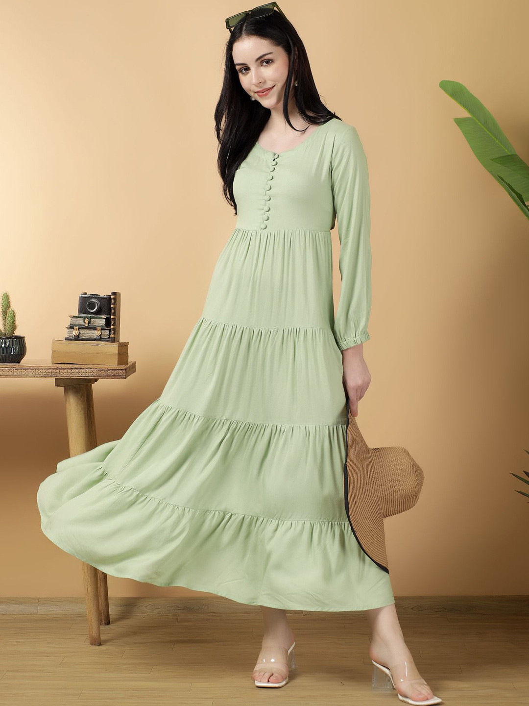 

Bright Nex Puff Sleeve Fit & Flare Maxi Dress, Sea green