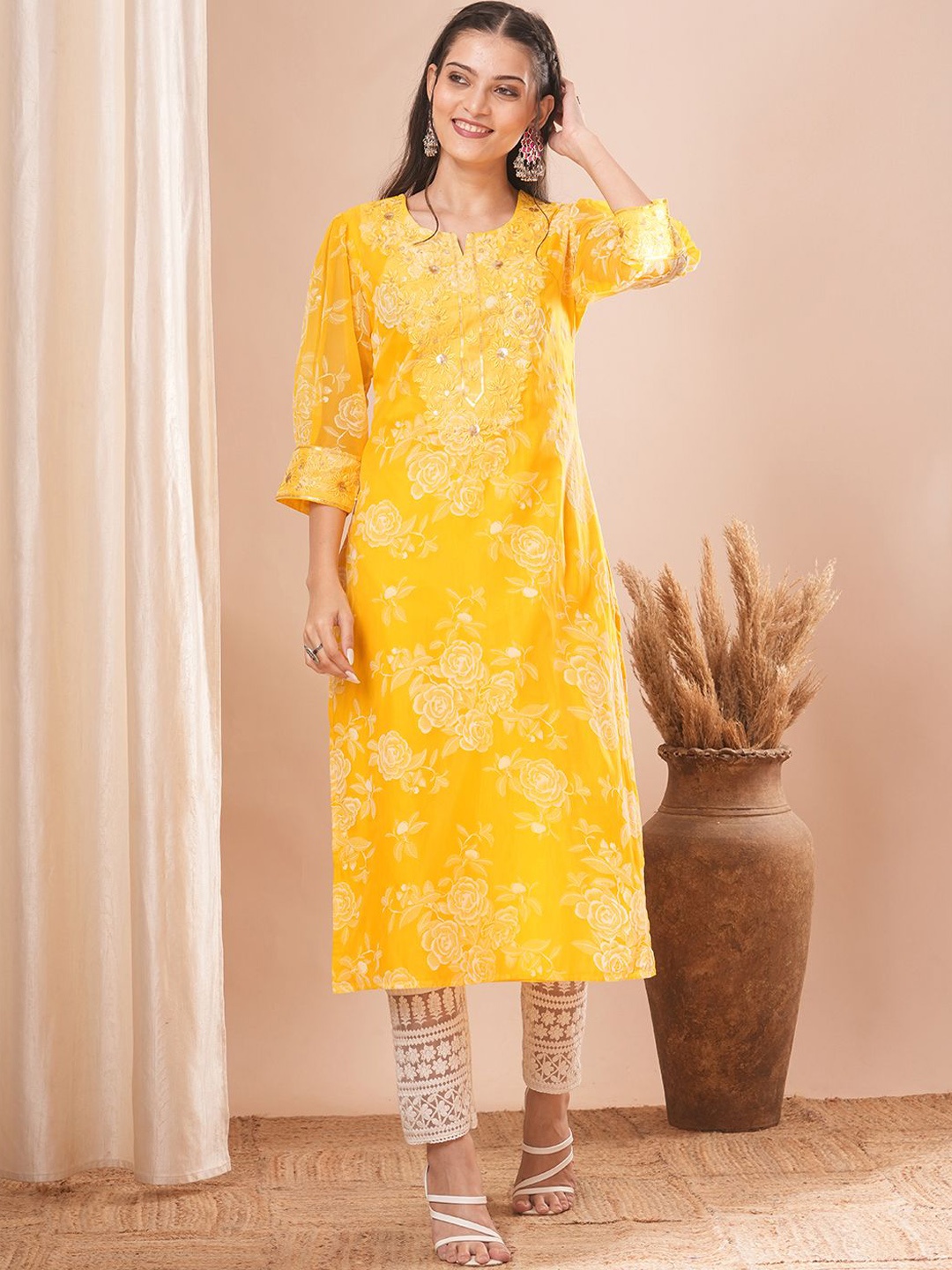 

FASHOR Floral Yoke Design Notch Neck Mirror Work Cotton Straight Kurta, Yellow