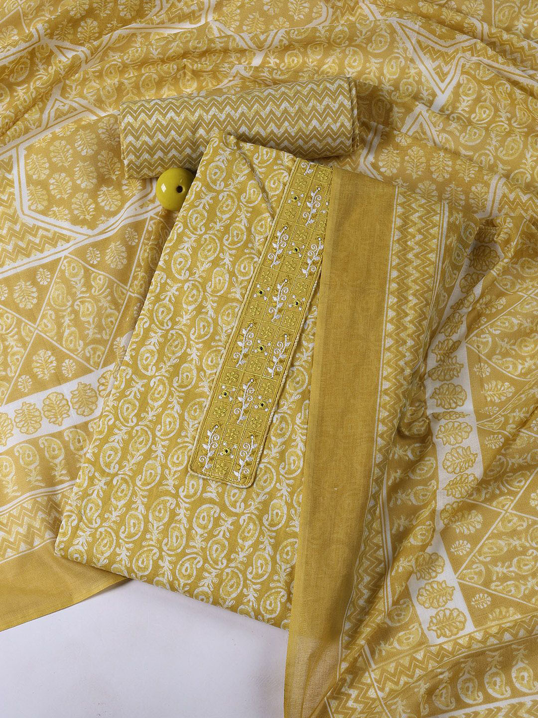 

Meena Bazaar Floral Printed Mirror Work Unstitched Dress Material, Mustard