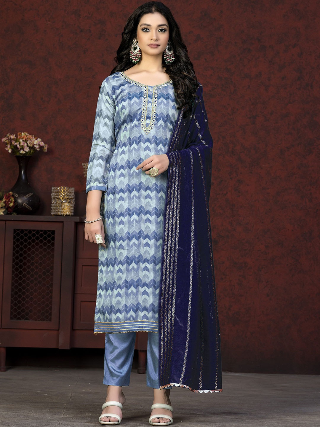 

SHADOW & SAINING Geometric Printed Beaded Semi-Stitched Dress Material, Blue