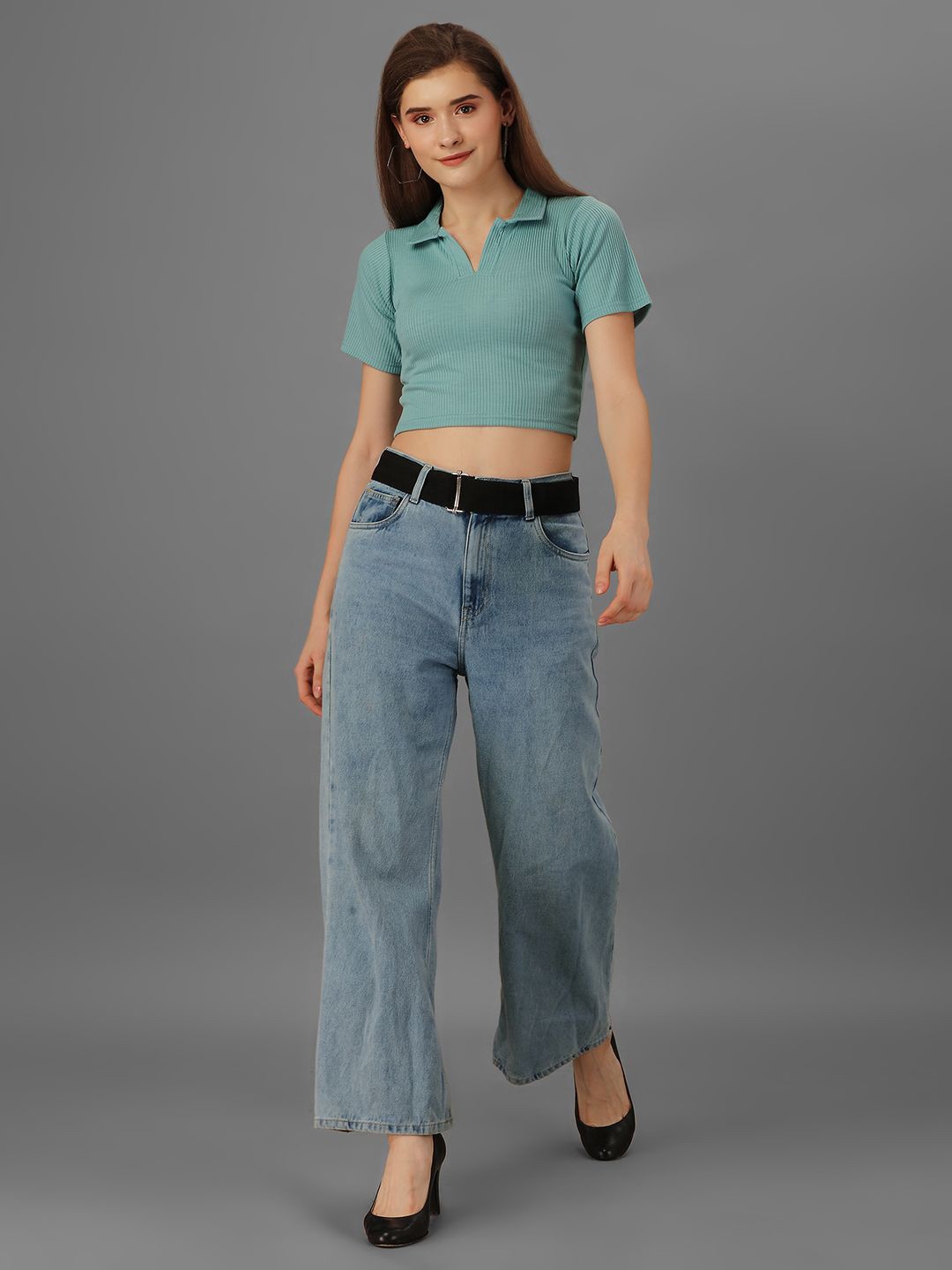

SXV Ribbed Polo collar Crop t-shirt top, Green
