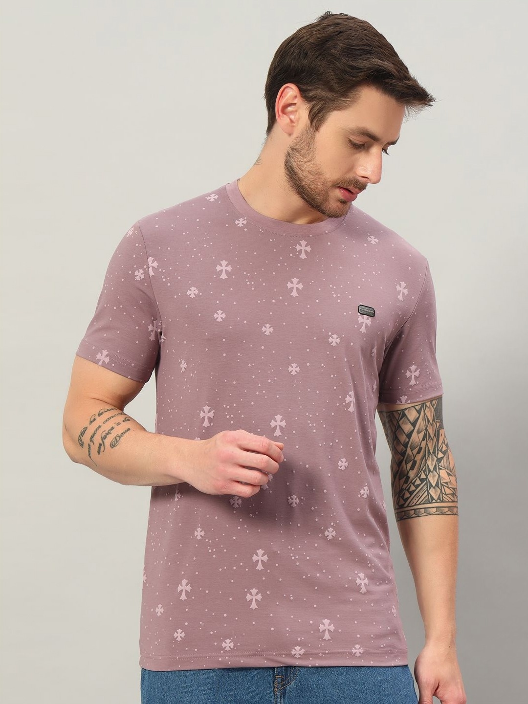 

PROFY Men Floral Printed Round Neck Cotton T-shirt, Mauve
