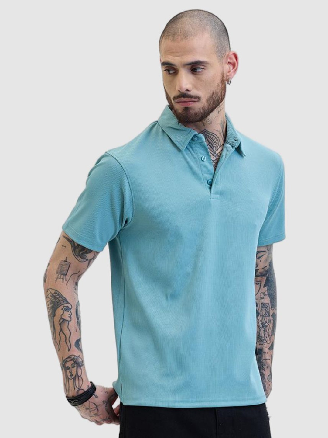 

Snitch Polo Collar Self Design Slim Fit T-shirt, Blue