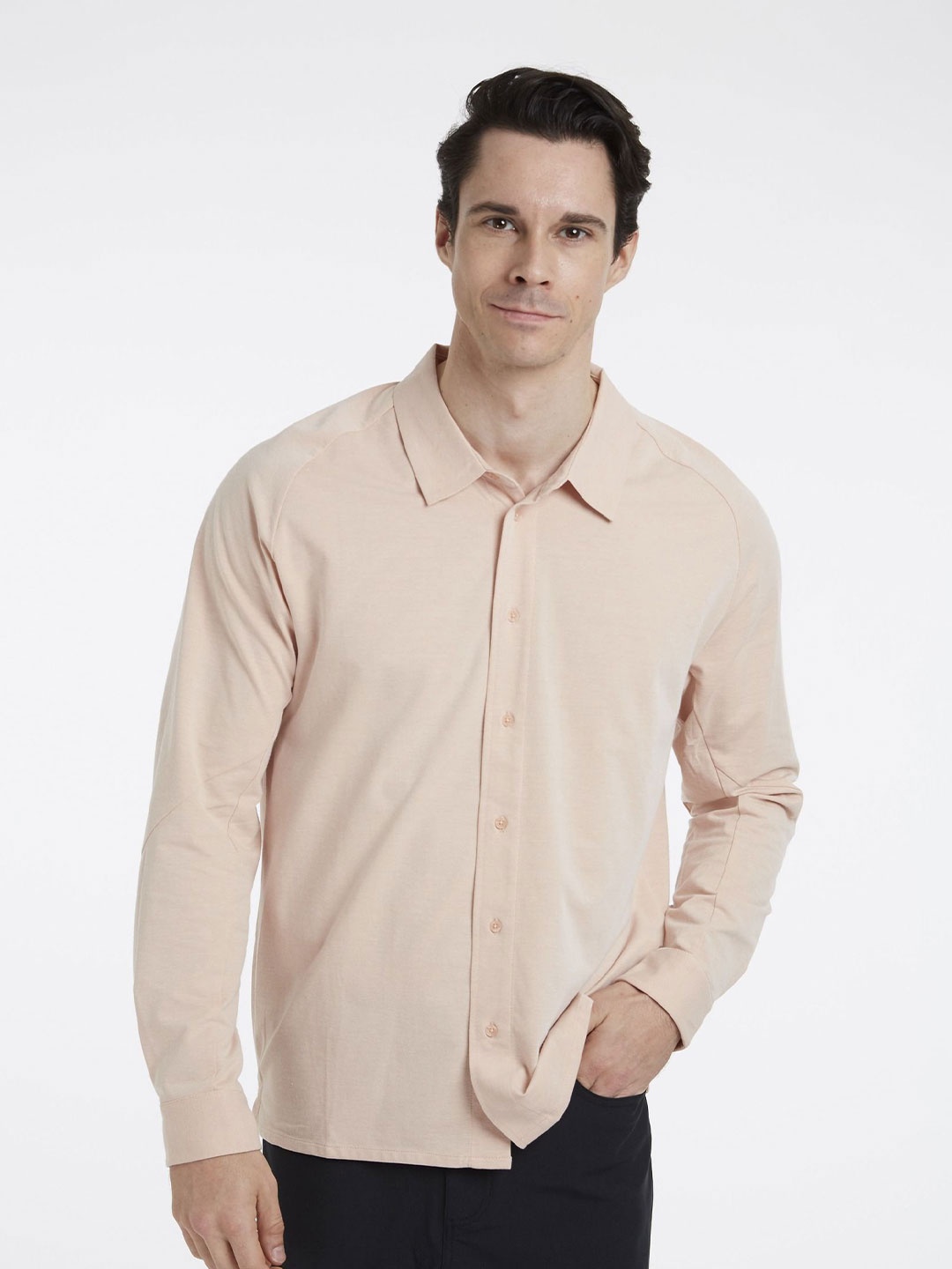 

Roam Everywhere Men Spread Collar Solid Cotton Casual Shirt, Peach