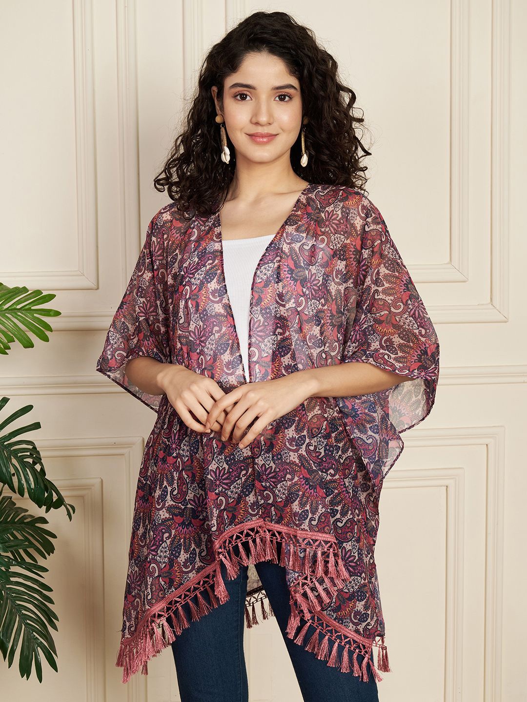 

Fbella Floral Printed Shrug, Red