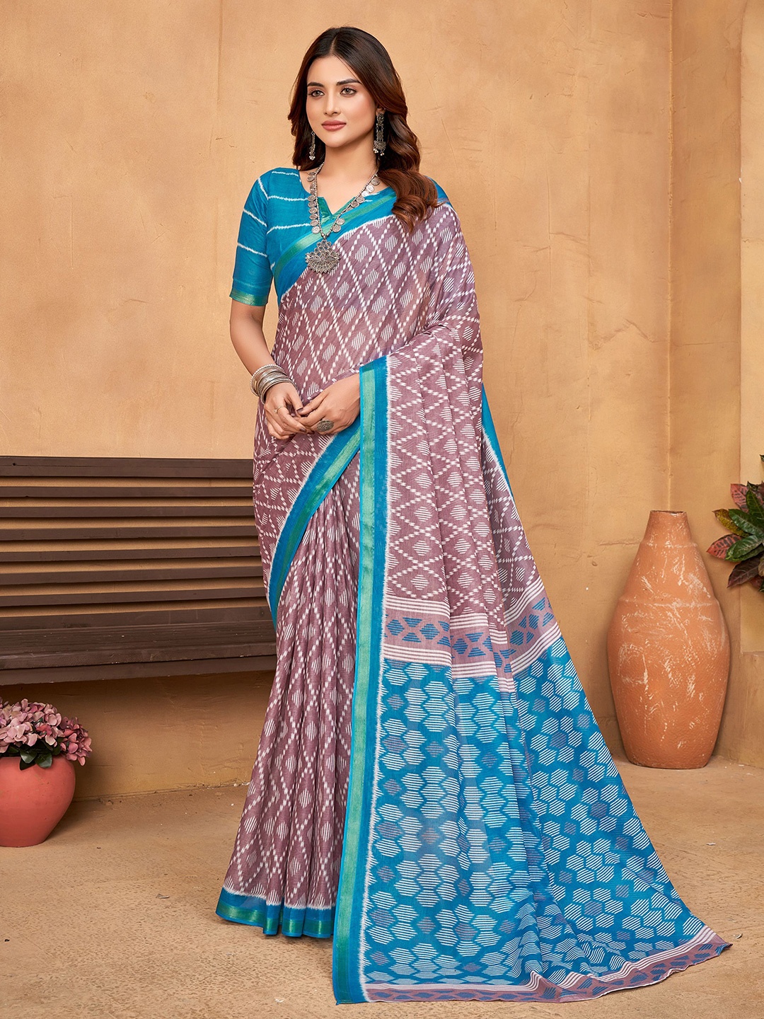 

VEECHIS Printed Zari Pure Cotton Saree, Burgundy