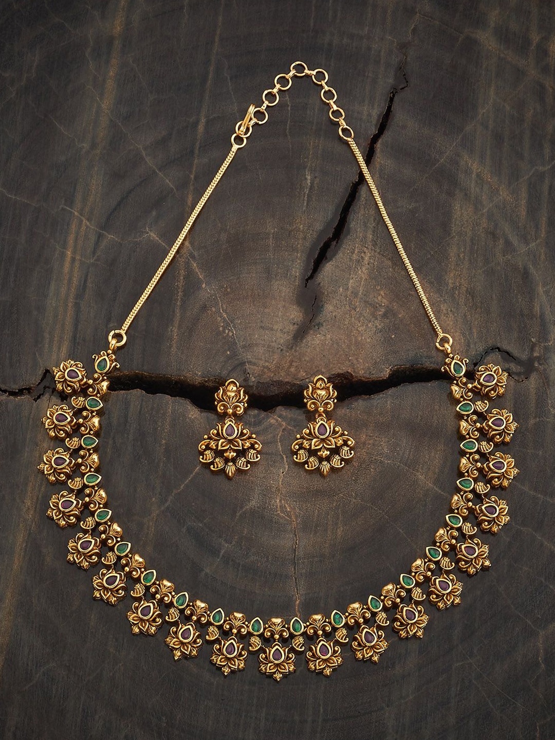 

Kushal's Fashion Jewellery Gold-Plated Ruby Studded Ethnic Antique Jewellery Set