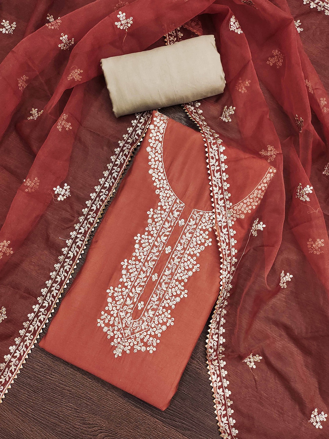 

SHADOW & SAINING Floral Embroidered Sequinned Cotton Silk Unstitched Dress Material, Rust