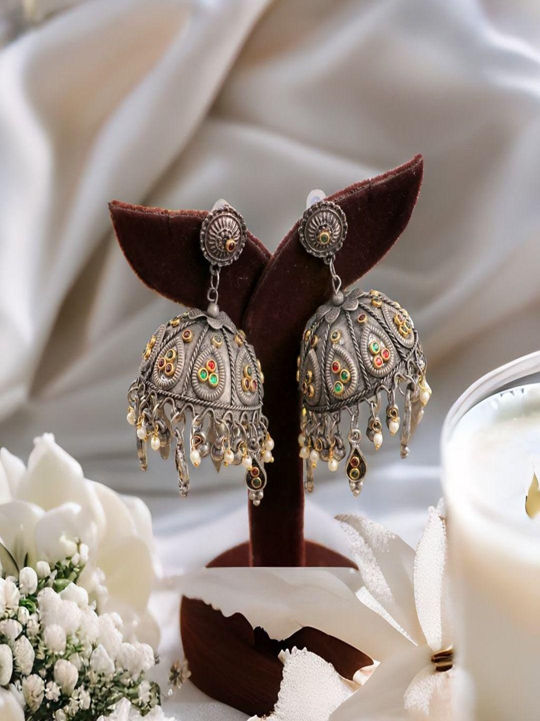 

Sangria Silver-Plated Oxidised Artificial Stones Studde & Beaded Dome Shaped Jhumka
