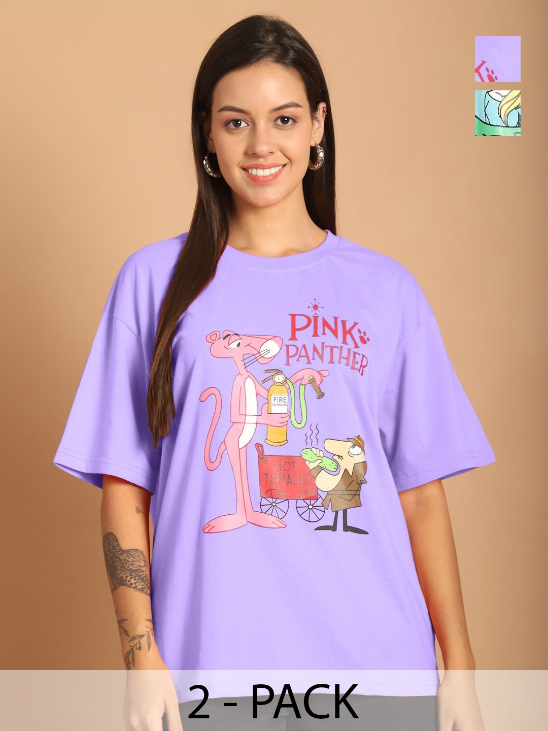 

Tromko Women Pack of 2 Graphic Printed Round Neck Cotton Relaxed Fit T-shirts, Lavender
