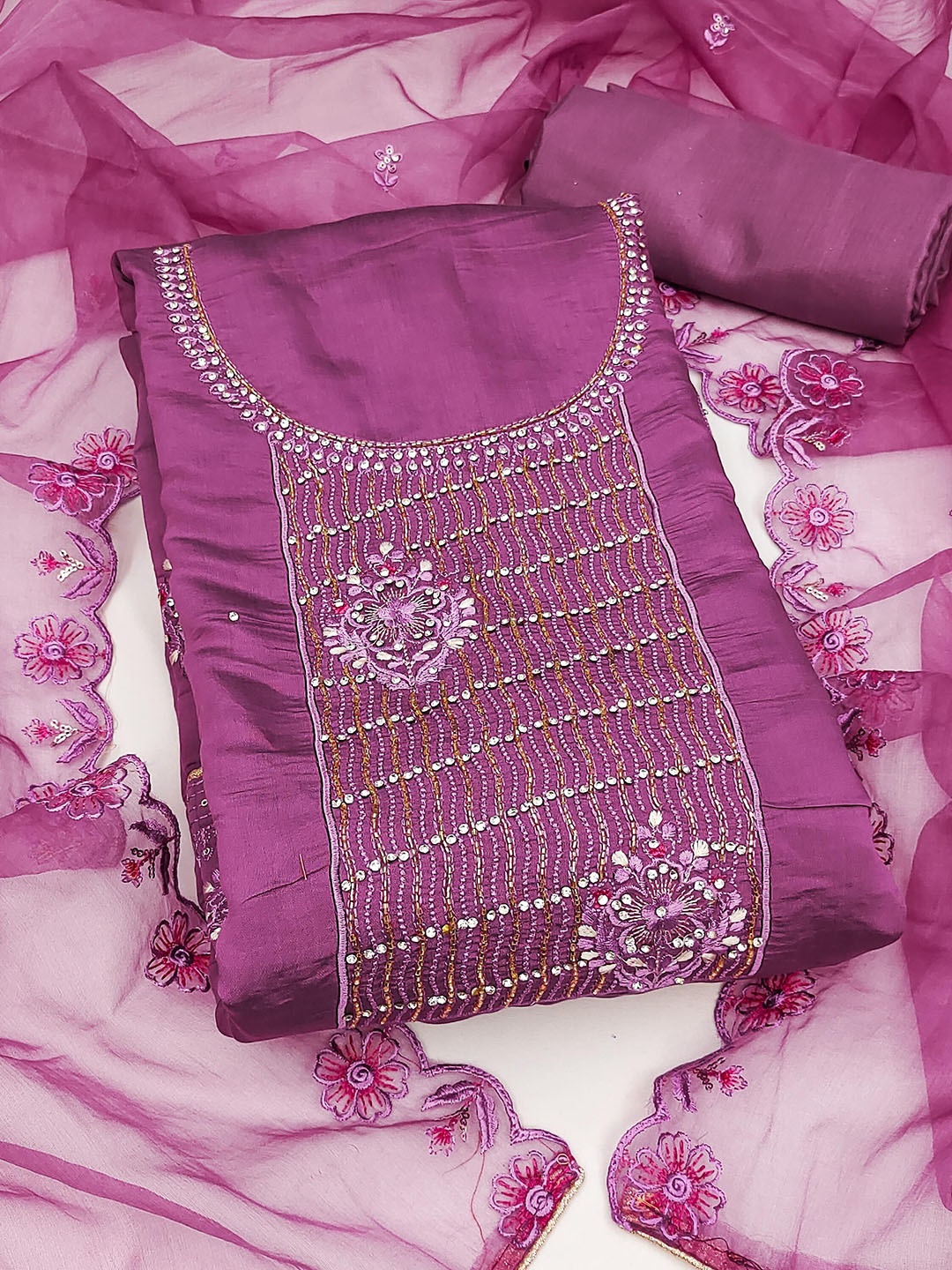 

SHADOW & SAINING Ethnic Motifs Embroidered Sequinned PureSilk Semi-Stitched Dress Material, Purple