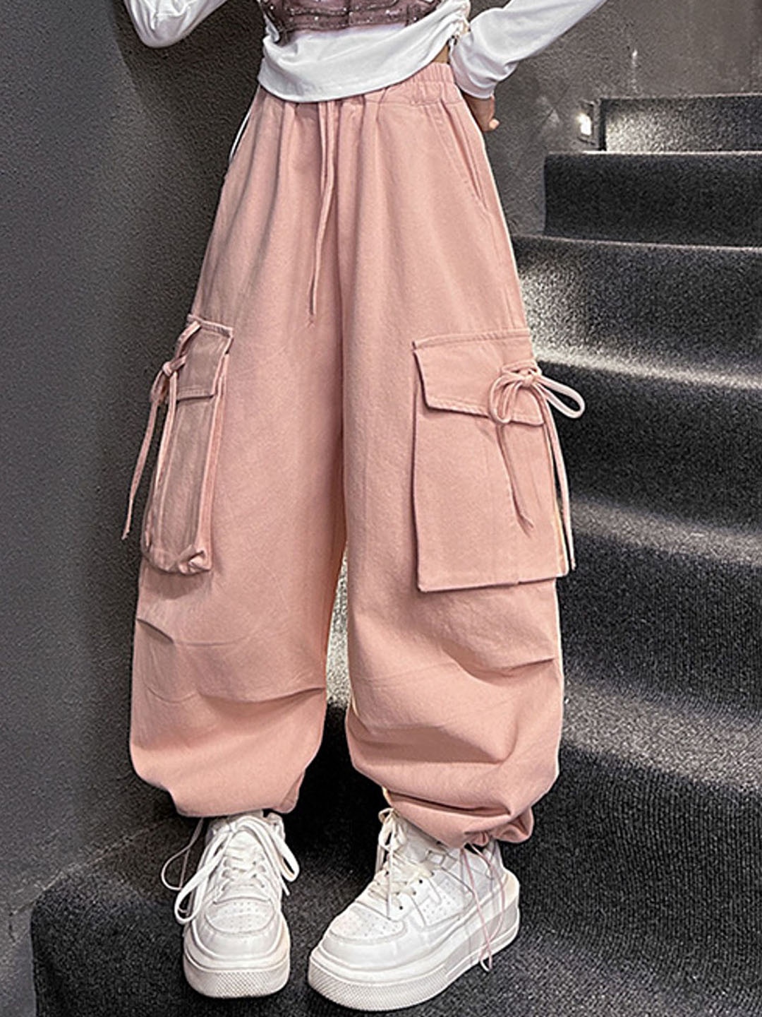 

LULU & SKY Girls Loose Fit High-Rise Cargo Styles Korean Pants, Pink