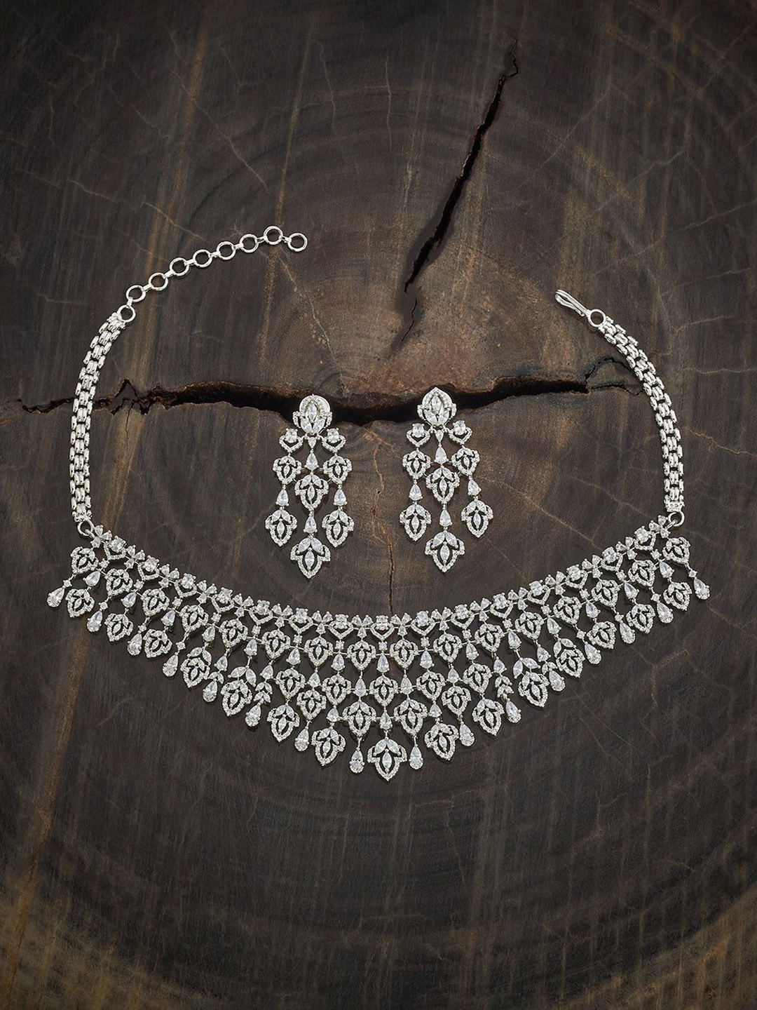 

Kushal's Fashion Jewellery Rhodium-Plated Zircon Studded Party Jewellery Set, Silver